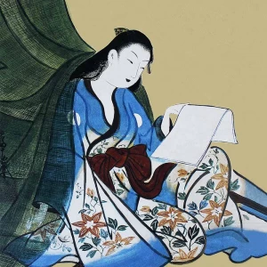 山崎女龍「文読む蚊帳美人図」【風呂敷】