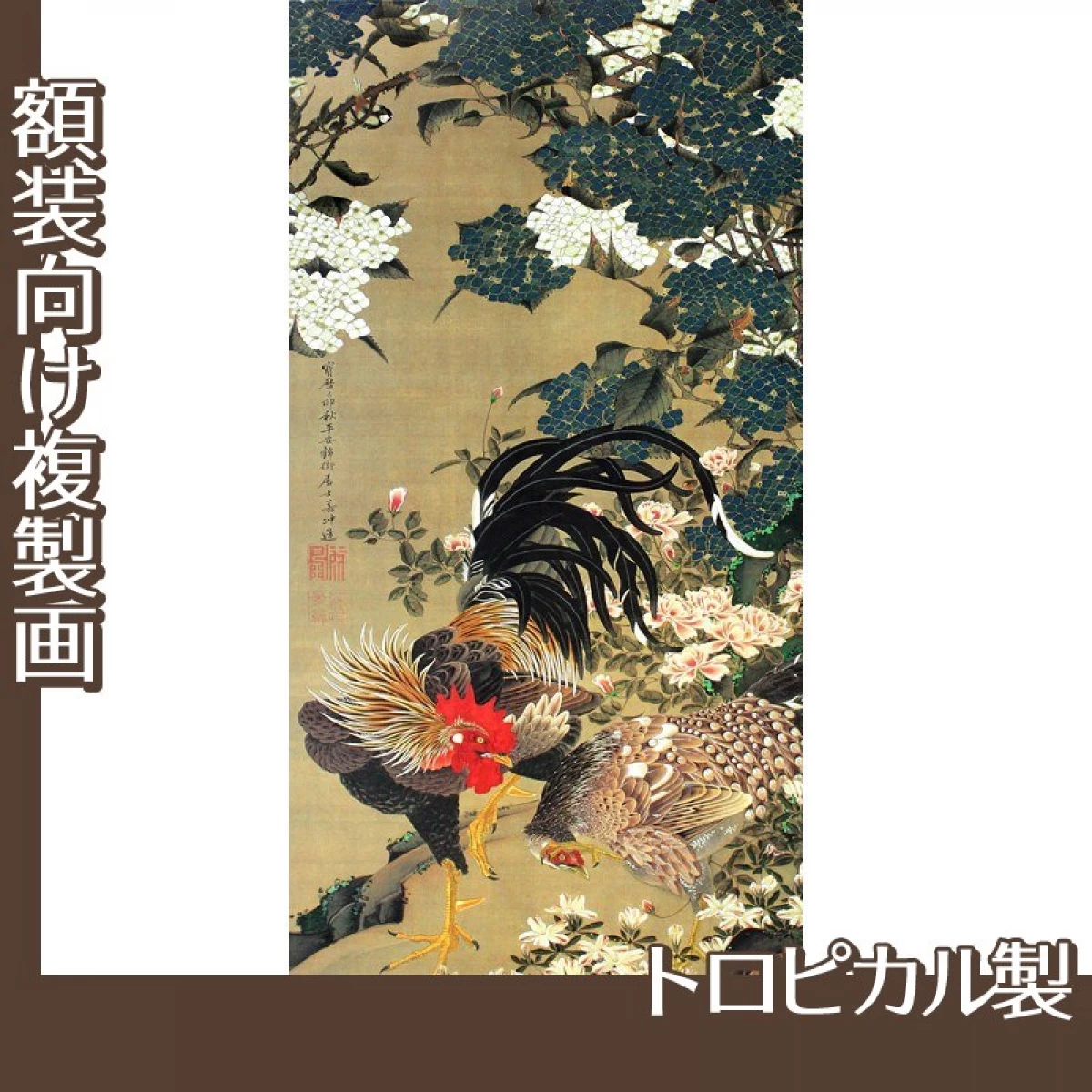 伊藤若冲「紫陽花双鶏図2」【複製画:トロピカル】